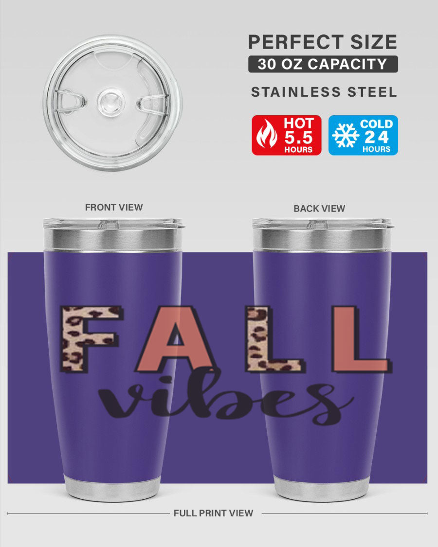 Fall Vibes 143# Tumbler in stainless steel with a vibrant design, perfect for hot and cold beverages.