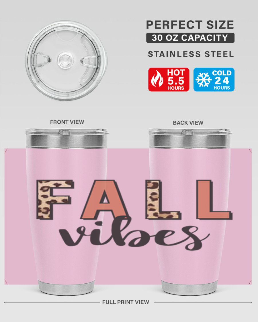 Fall Vibes 143# Tumbler in stainless steel with a vibrant design, perfect for hot and cold beverages.