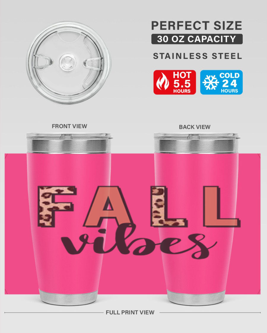 Fall Vibes 143# Tumbler in stainless steel with a vibrant design, perfect for hot and cold beverages.