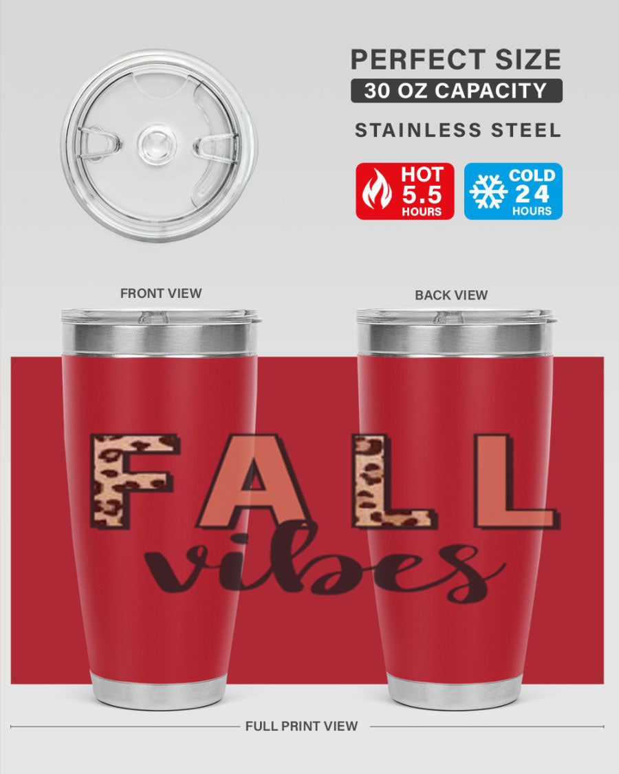 Fall Vibes 143# Tumbler in stainless steel with a vibrant design, perfect for hot and cold beverages.