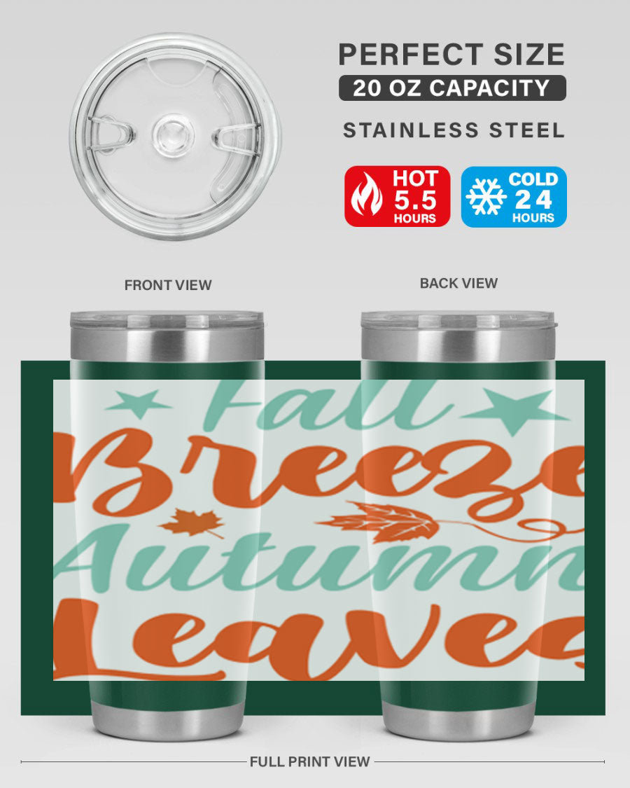 FallBreezeAutumnLeaves 20oz tumbler featuring autumn leaves design, double wall vacuum stainless steel construction, and a drink-thru lid.