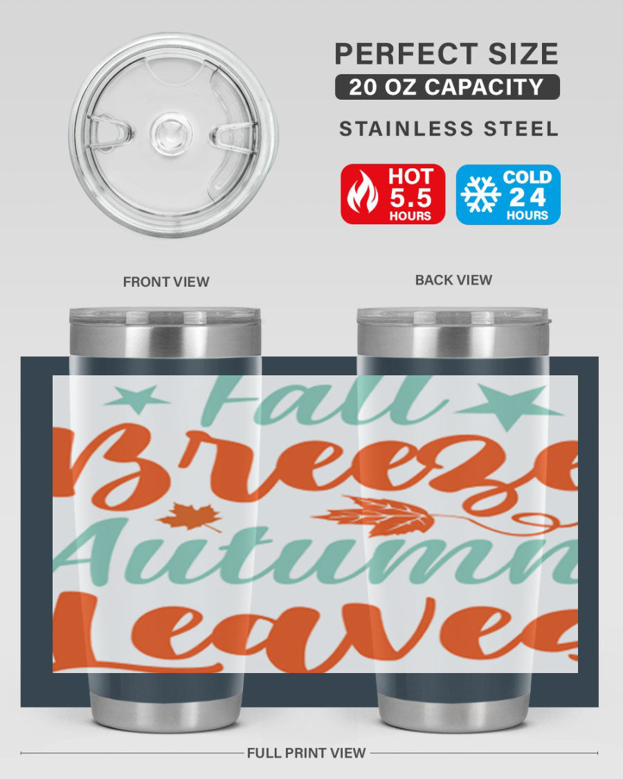 FallBreezeAutumnLeaves 20oz tumbler featuring autumn leaves design, double wall vacuum stainless steel construction, and a drink-thru lid.