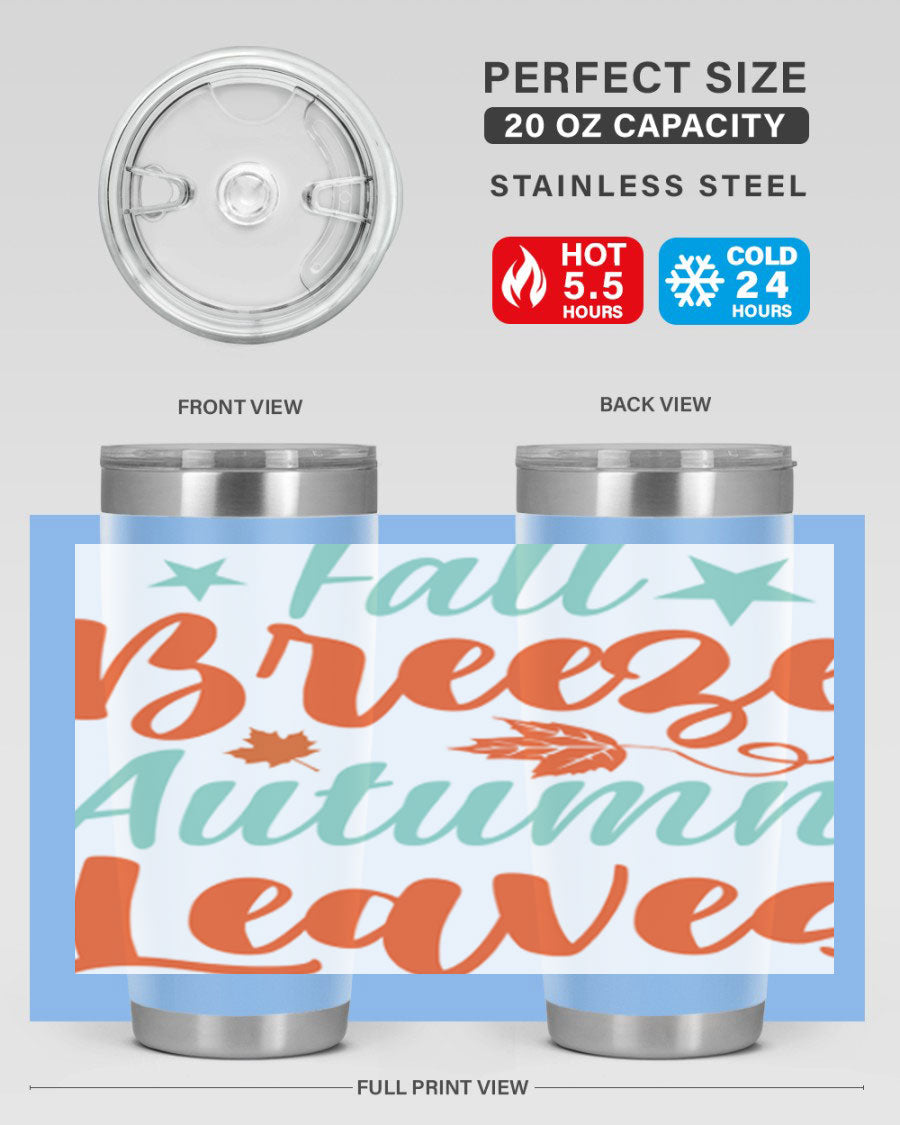 FallBreezeAutumnLeaves 20oz tumbler featuring autumn leaves design, double wall vacuum stainless steel construction, and a drink-thru lid.