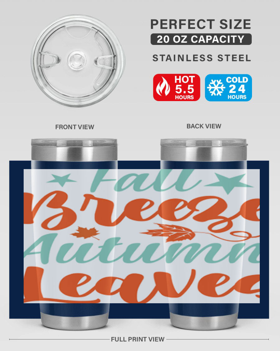 FallBreezeAutumnLeaves 20oz tumbler featuring autumn leaves design, double wall vacuum stainless steel construction, and a drink-thru lid.