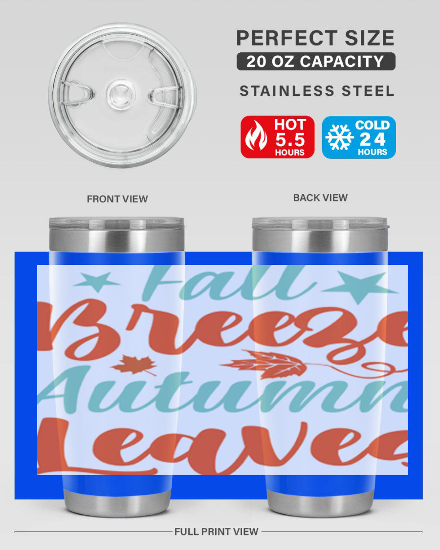 FallBreezeAutumnLeaves 20oz tumbler featuring autumn leaves design, double wall vacuum stainless steel construction, and a drink-thru lid.