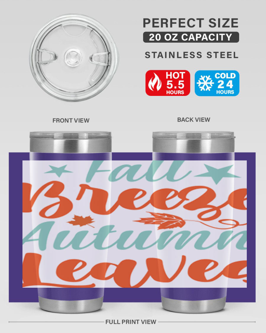 FallBreezeAutumnLeaves 20oz tumbler featuring autumn leaves design, double wall vacuum stainless steel construction, and a drink-thru lid.