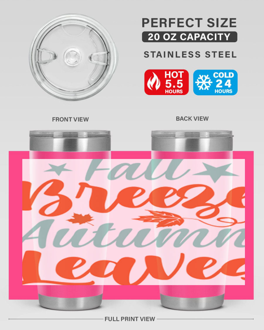 FallBreezeAutumnLeaves 20oz tumbler featuring autumn leaves design, double wall vacuum stainless steel construction, and a drink-thru lid.