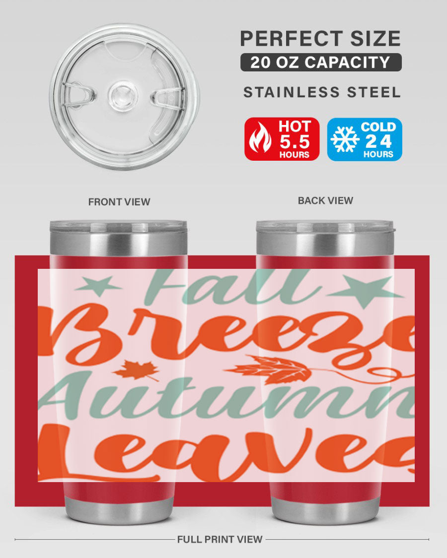 FallBreezeAutumnLeaves 20oz tumbler featuring autumn leaves design, double wall vacuum stainless steel construction, and a drink-thru lid.