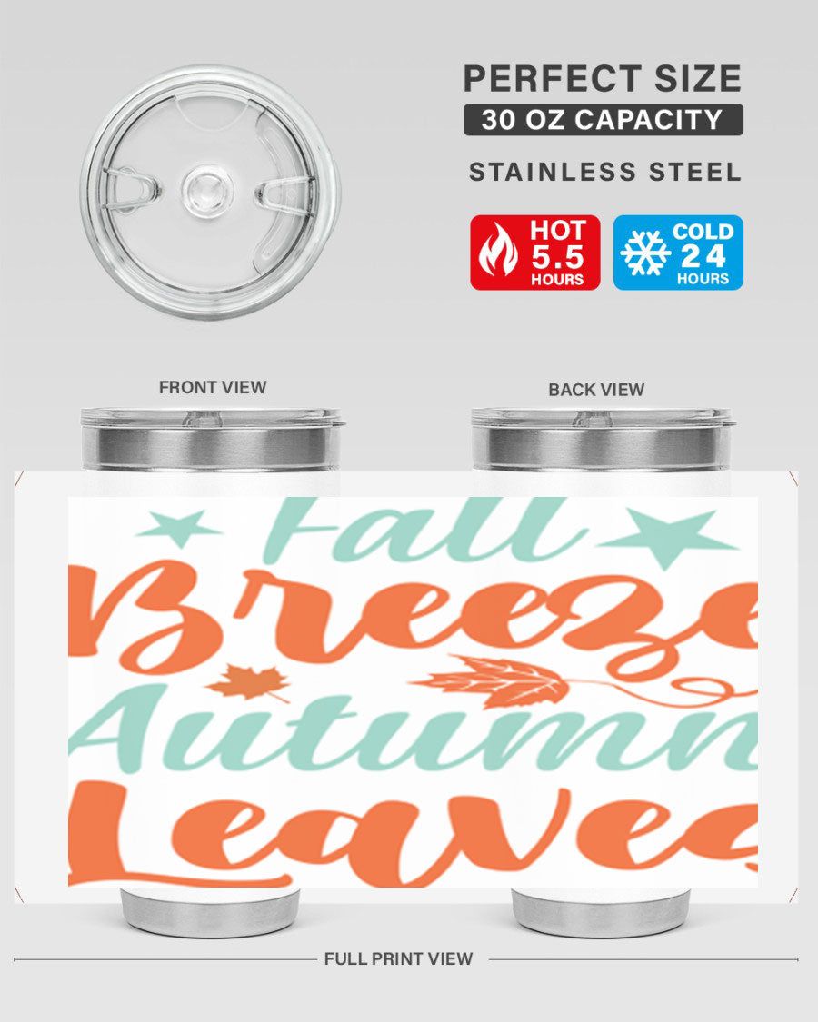FallBreezeAutumnLeaves 20oz tumbler featuring autumn leaves design, double wall vacuum stainless steel construction, and a drink-thru lid.