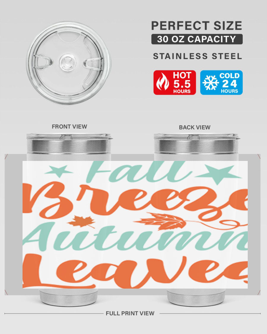 FallBreezeAutumnLeaves 20oz tumbler featuring autumn leaves design, double wall vacuum stainless steel construction, and a drink-thru lid.