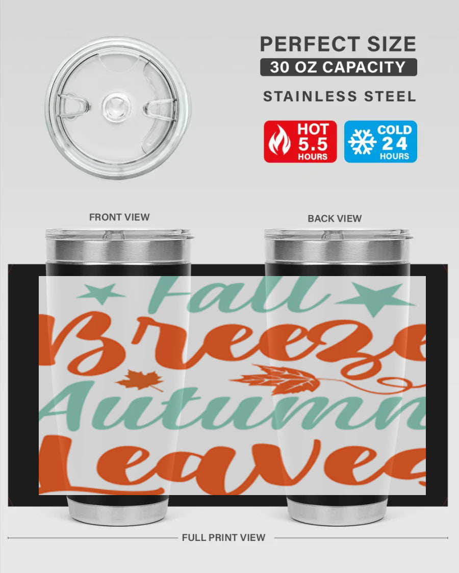 FallBreezeAutumnLeaves 20oz tumbler featuring autumn leaves design, double wall vacuum stainless steel construction, and a drink-thru lid.