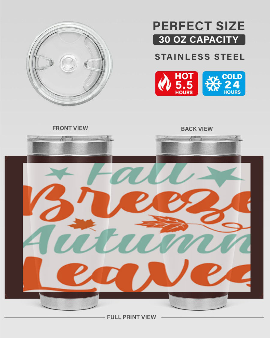 FallBreezeAutumnLeaves 20oz tumbler featuring autumn leaves design, double wall vacuum stainless steel construction, and a drink-thru lid.