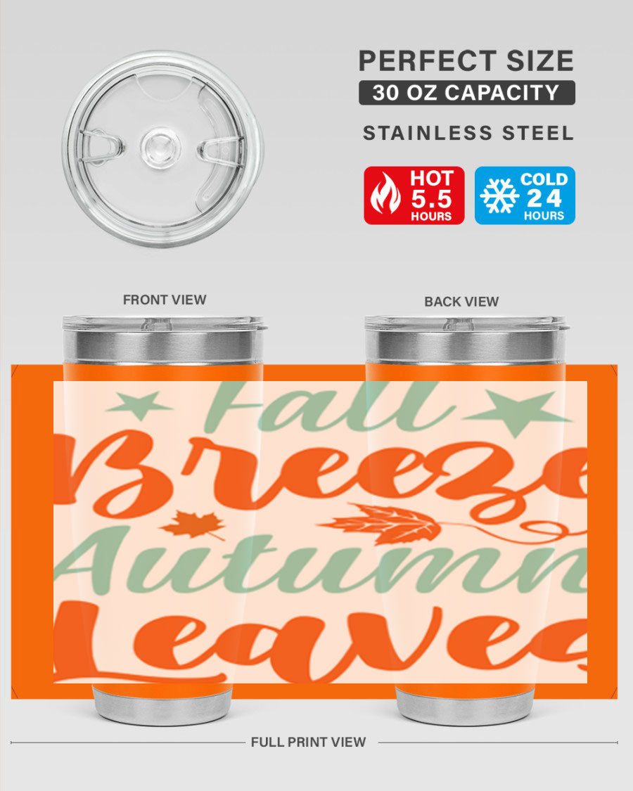 FallBreezeAutumnLeaves 20oz tumbler featuring autumn leaves design, double wall vacuum stainless steel construction, and a drink-thru lid.
