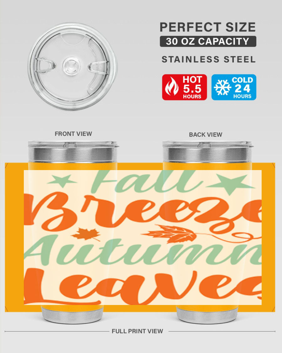 FallBreezeAutumnLeaves 20oz tumbler featuring autumn leaves design, double wall vacuum stainless steel construction, and a drink-thru lid.