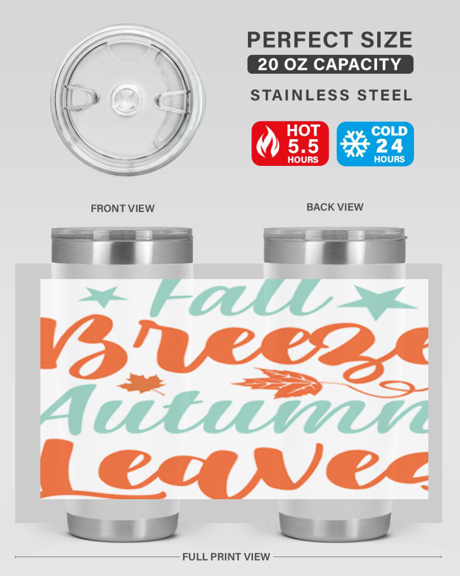 FallBreezeAutumnLeaves 20oz tumbler featuring autumn leaves design, double wall vacuum stainless steel construction, and a drink-thru lid.