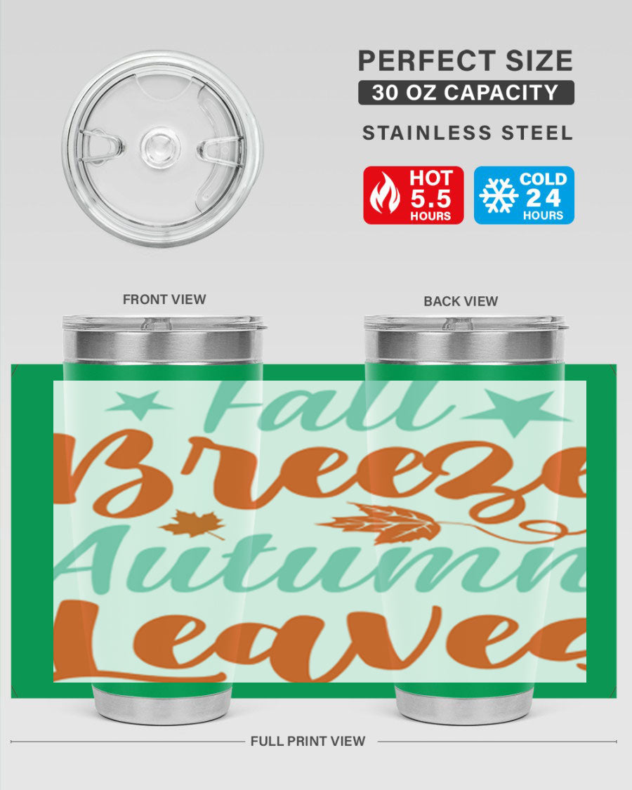 FallBreezeAutumnLeaves 20oz tumbler featuring autumn leaves design, double wall vacuum stainless steel construction, and a drink-thru lid.