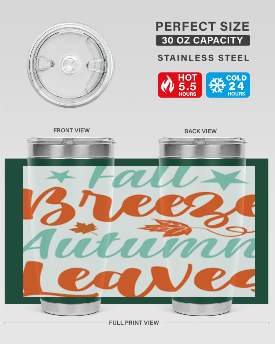 FallBreezeAutumnLeaves 20oz tumbler featuring autumn leaves design, double wall vacuum stainless steel construction, and a drink-thru lid.