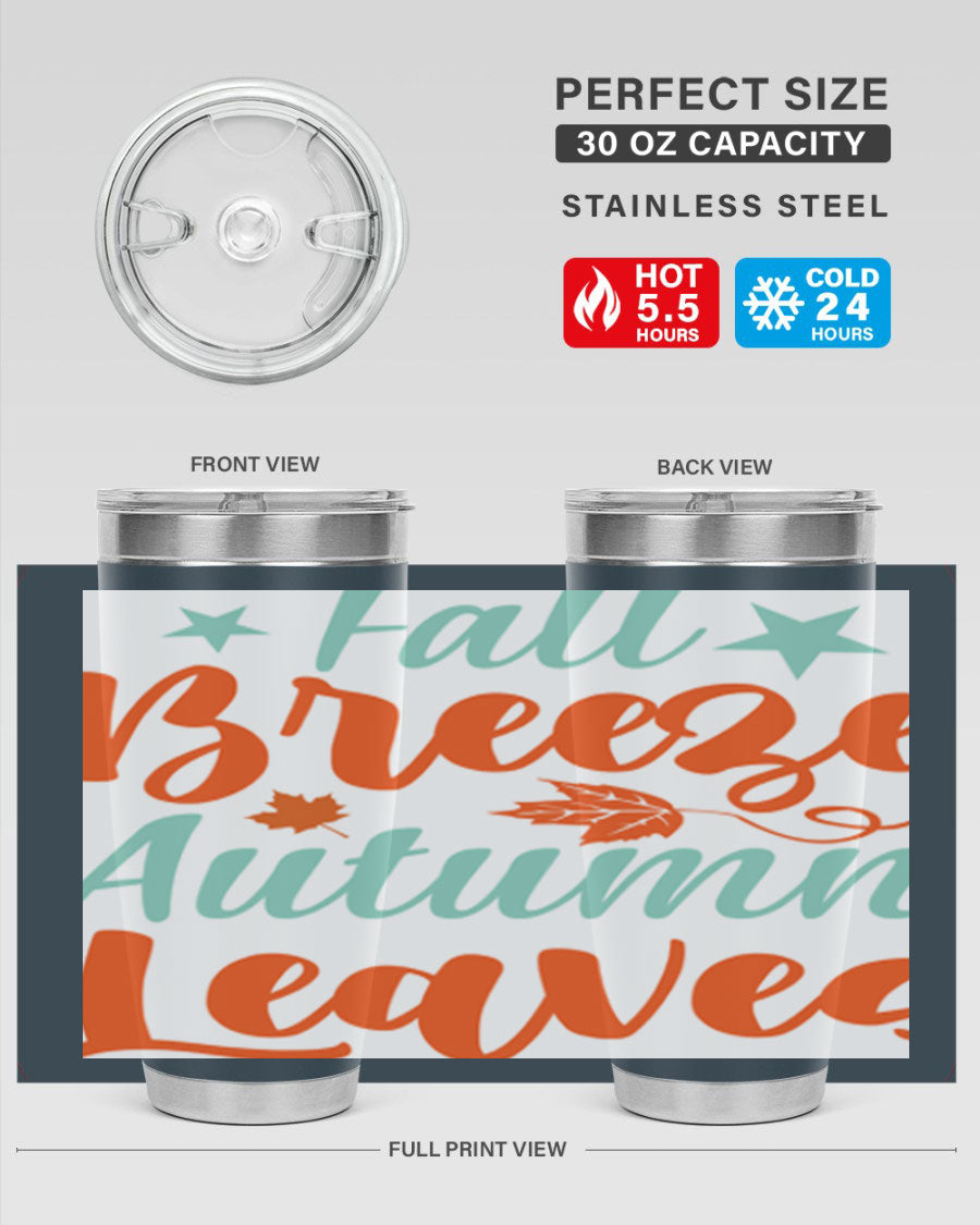 FallBreezeAutumnLeaves 20oz tumbler featuring autumn leaves design, double wall vacuum stainless steel construction, and a drink-thru lid.