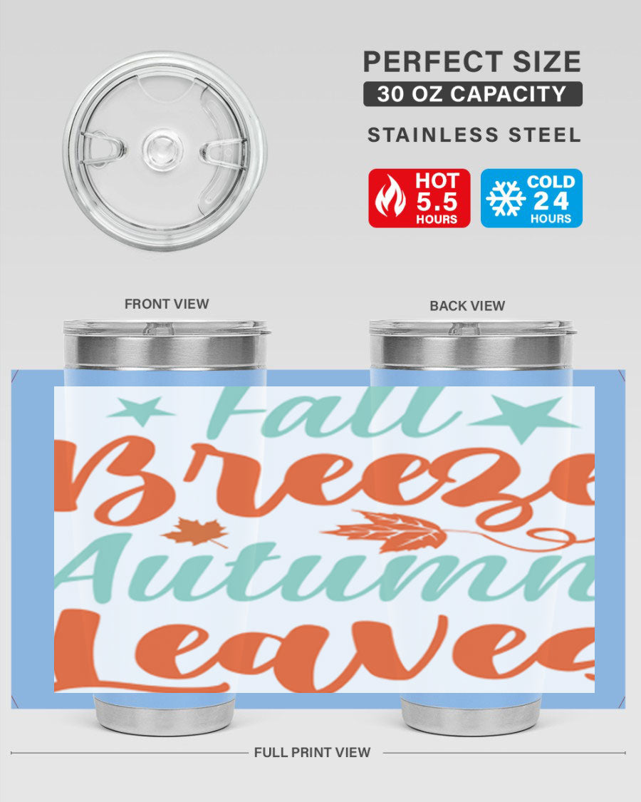 FallBreezeAutumnLeaves 20oz tumbler featuring autumn leaves design, double wall vacuum stainless steel construction, and a drink-thru lid.