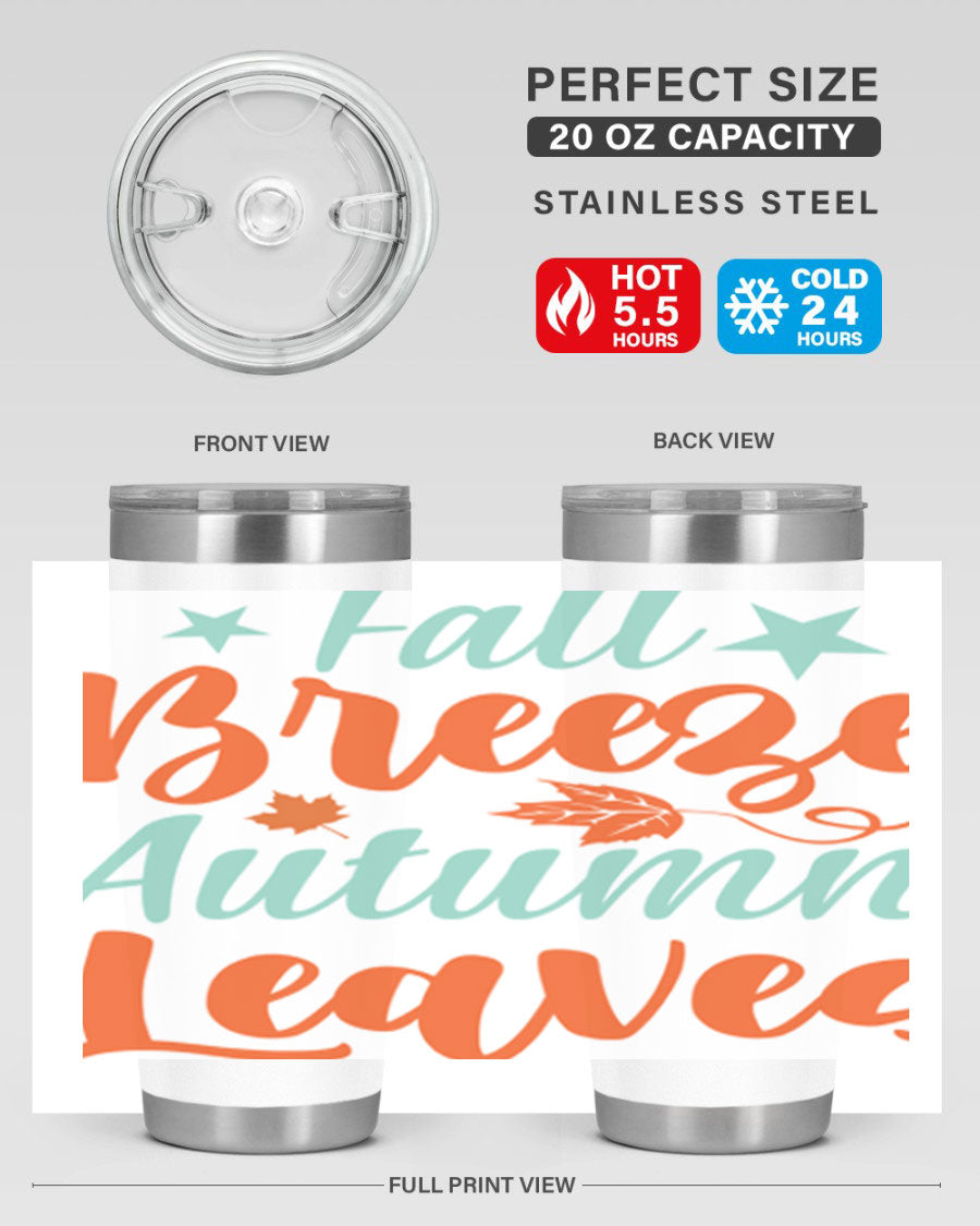 FallBreezeAutumnLeaves 20oz tumbler featuring autumn leaves design, double wall vacuum stainless steel construction, and a drink-thru lid.