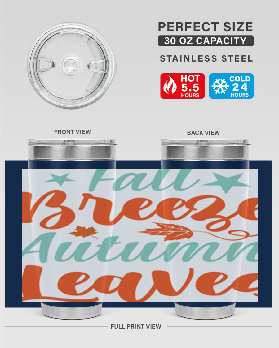 FallBreezeAutumnLeaves 20oz tumbler featuring autumn leaves design, double wall vacuum stainless steel construction, and a drink-thru lid.