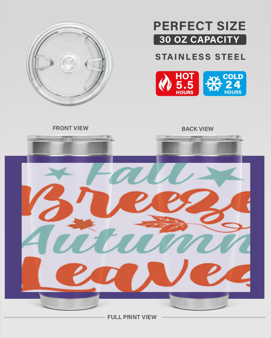 FallBreezeAutumnLeaves 20oz tumbler featuring autumn leaves design, double wall vacuum stainless steel construction, and a drink-thru lid.