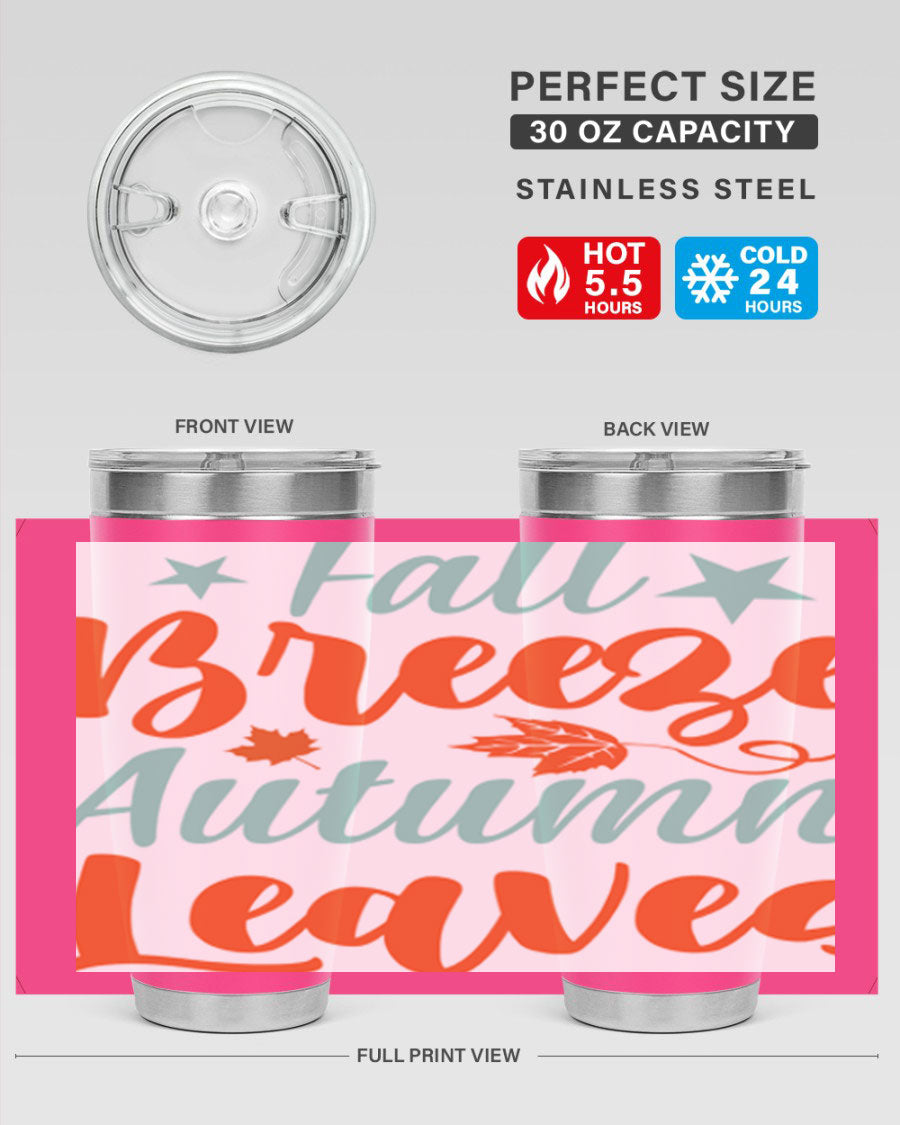 FallBreezeAutumnLeaves 20oz tumbler featuring autumn leaves design, double wall vacuum stainless steel construction, and a drink-thru lid.