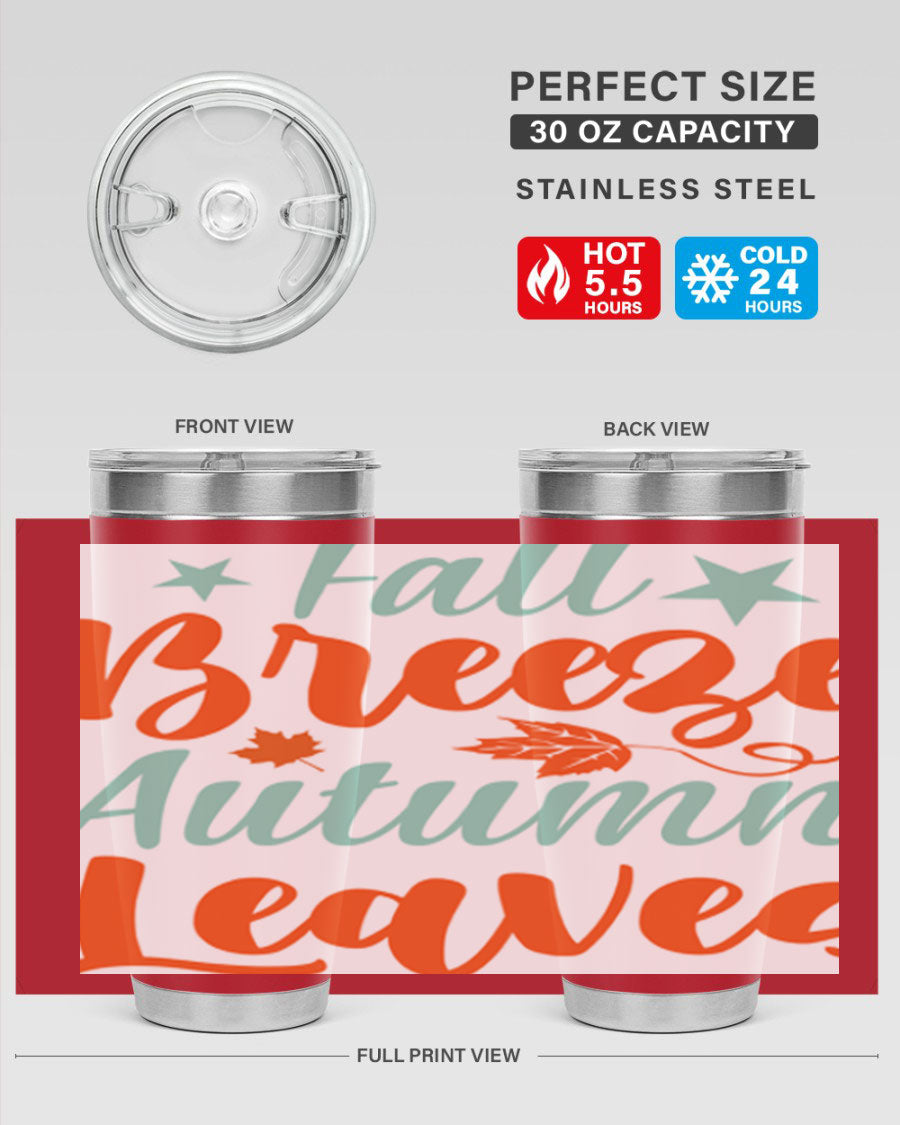 FallBreezeAutumnLeaves 20oz tumbler featuring autumn leaves design, double wall vacuum stainless steel construction, and a drink-thru lid.
