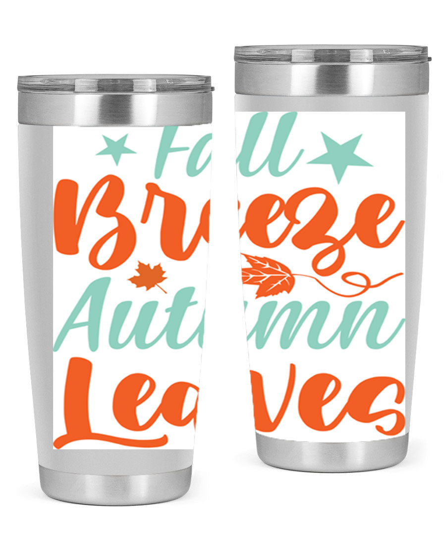 FallBreezeAutumnLeaves 20oz tumbler featuring autumn leaves design, double wall vacuum stainless steel construction, and a drink-thru lid.