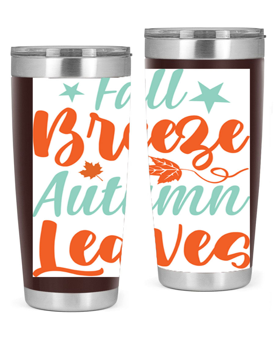 FallBreezeAutumnLeaves 20oz tumbler featuring autumn leaves design, double wall vacuum stainless steel construction, and a drink-thru lid.