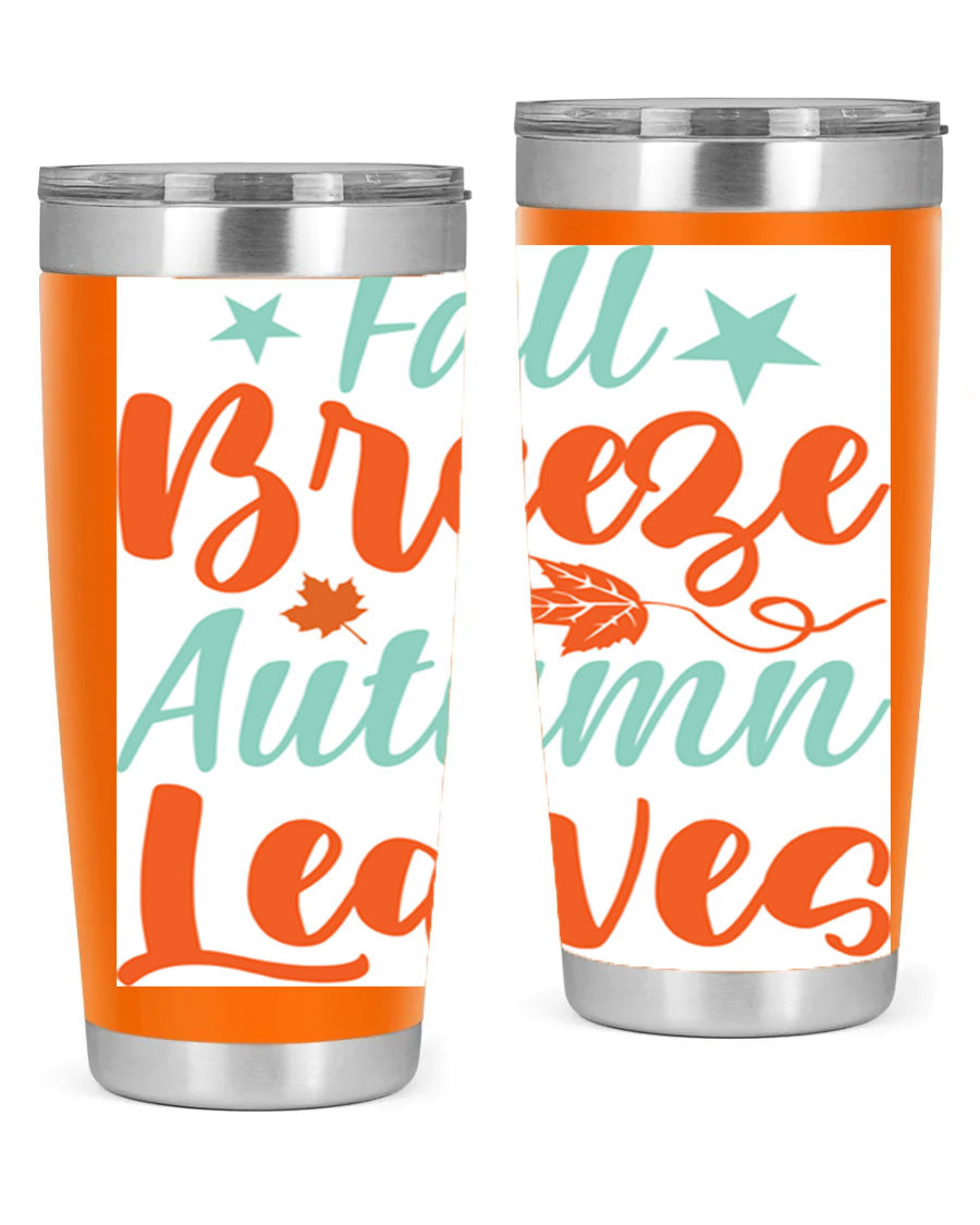 FallBreezeAutumnLeaves 20oz tumbler featuring autumn leaves design, double wall vacuum stainless steel construction, and a drink-thru lid.