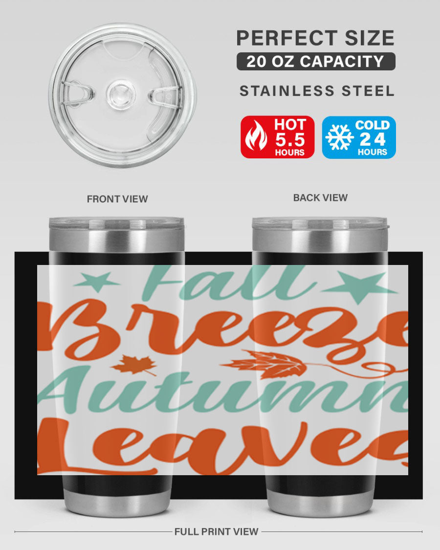 FallBreezeAutumnLeaves 20oz tumbler featuring autumn leaves design, double wall vacuum stainless steel construction, and a drink-thru lid.