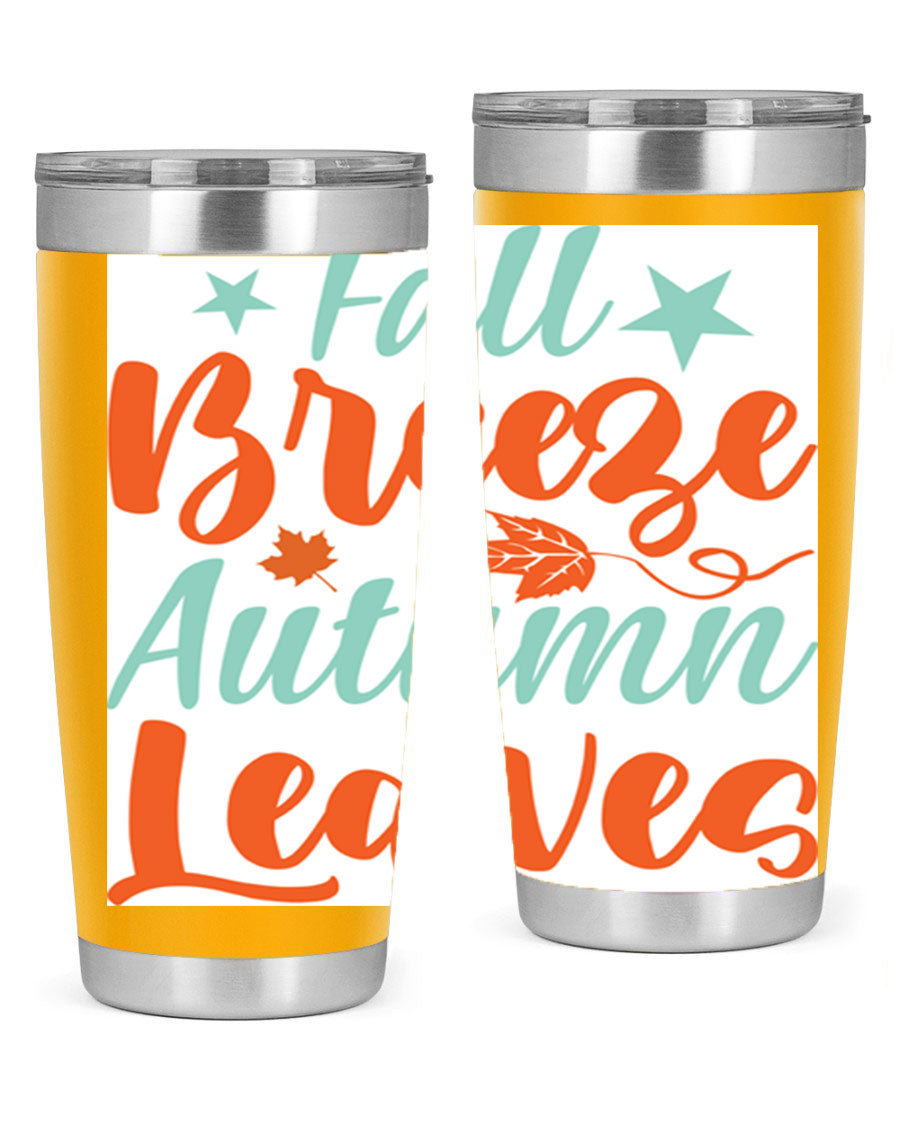 FallBreezeAutumnLeaves 20oz tumbler featuring autumn leaves design, double wall vacuum stainless steel construction, and a drink-thru lid.