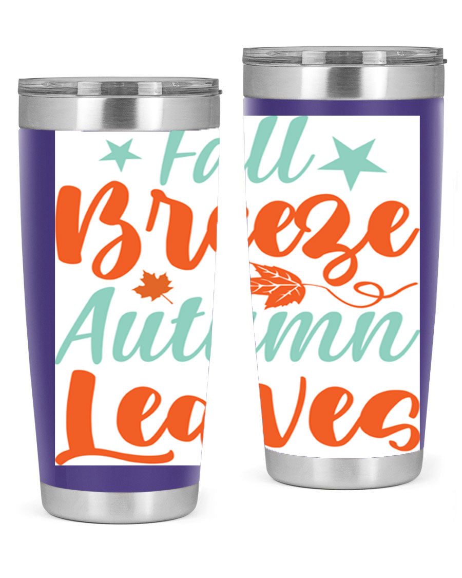 FallBreezeAutumnLeaves 20oz tumbler featuring autumn leaves design, double wall vacuum stainless steel construction, and a drink-thru lid.