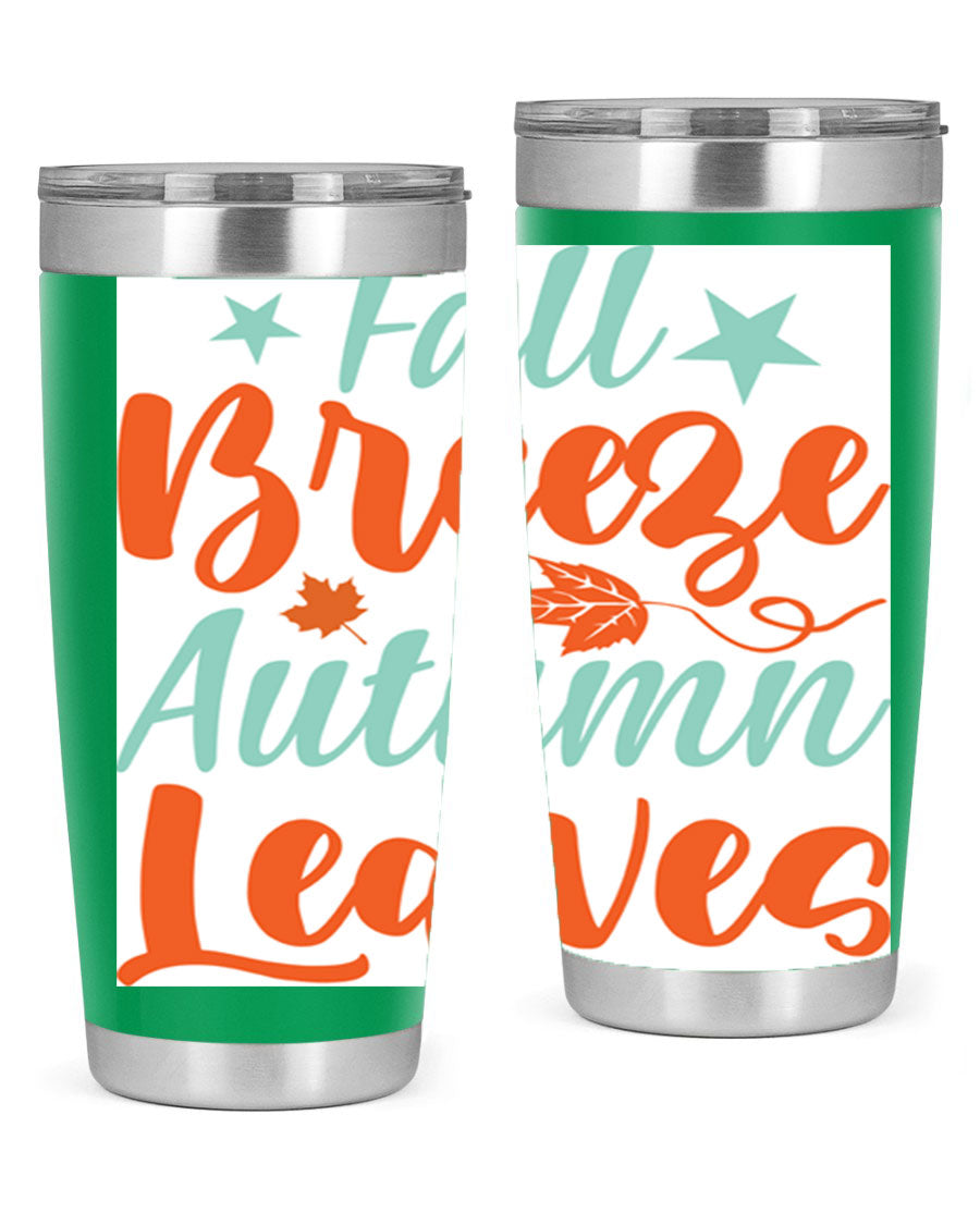 FallBreezeAutumnLeaves 20oz tumbler featuring autumn leaves design, double wall vacuum stainless steel construction, and a drink-thru lid.