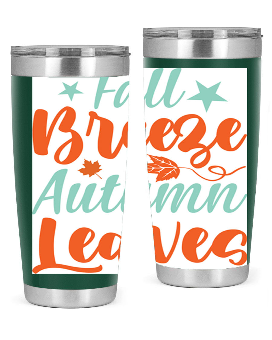 FallBreezeAutumnLeaves 20oz tumbler featuring autumn leaves design, double wall vacuum stainless steel construction, and a drink-thru lid.