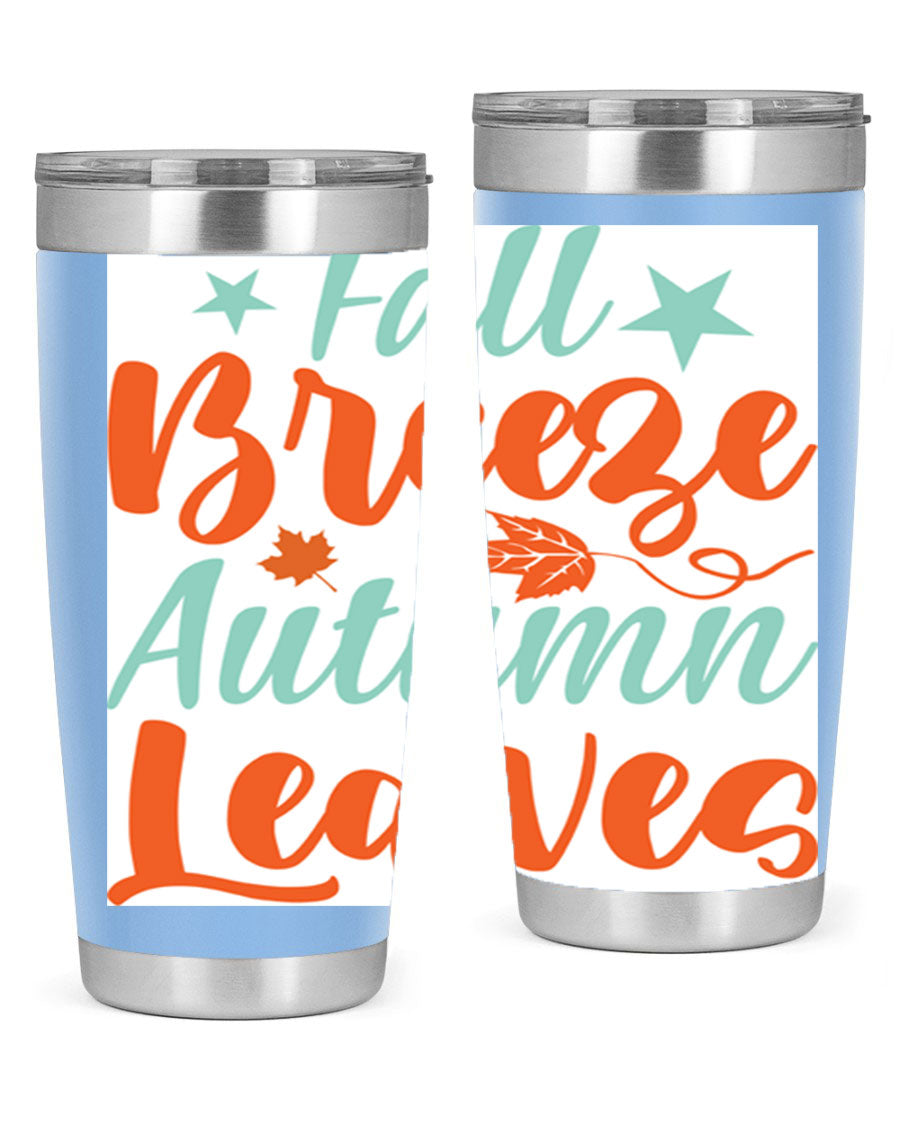 FallBreezeAutumnLeaves 20oz tumbler featuring autumn leaves design, double wall vacuum stainless steel construction, and a drink-thru lid.