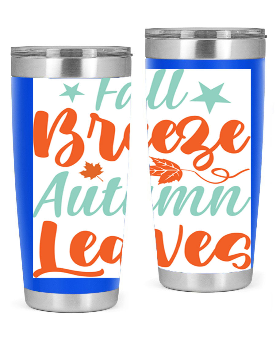 FallBreezeAutumnLeaves 20oz tumbler featuring autumn leaves design, double wall vacuum stainless steel construction, and a drink-thru lid.