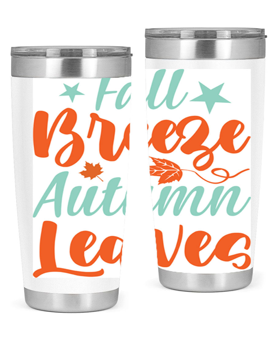 FallBreezeAutumnLeaves 20oz tumbler featuring autumn leaves design, double wall vacuum stainless steel construction, and a drink-thru lid.