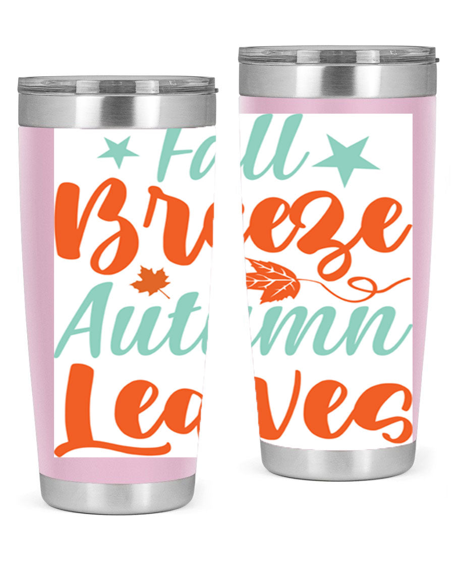 FallBreezeAutumnLeaves 20oz tumbler featuring autumn leaves design, double wall vacuum stainless steel construction, and a drink-thru lid.