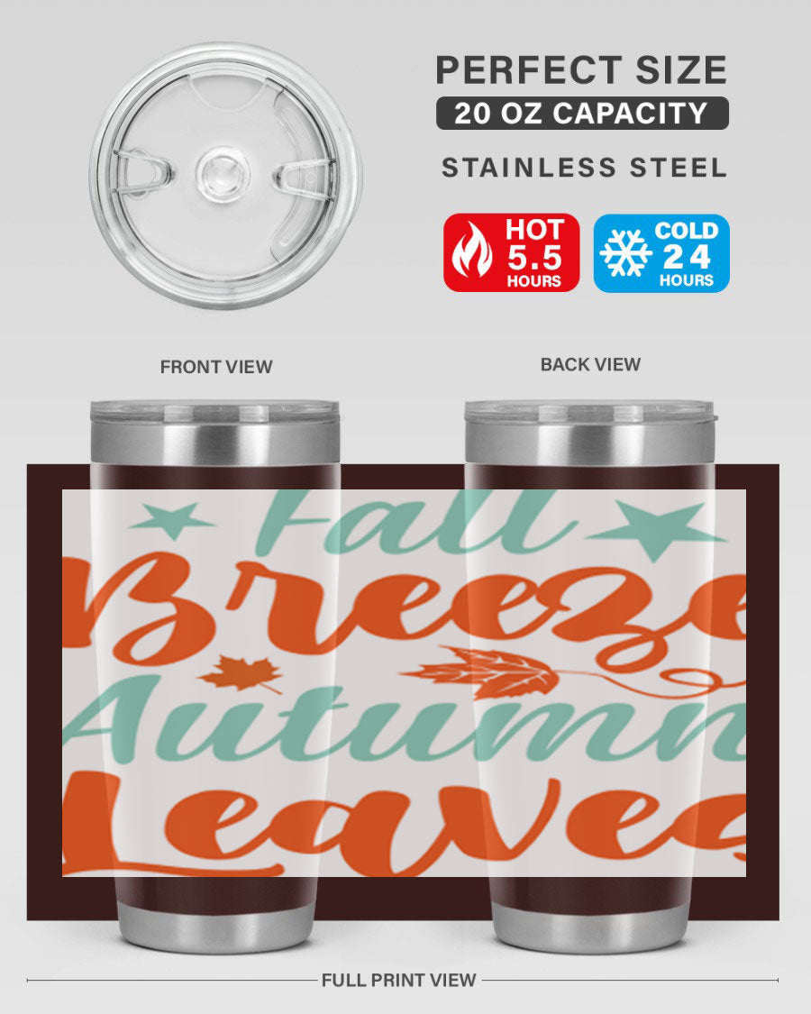 FallBreezeAutumnLeaves 20oz tumbler featuring autumn leaves design, double wall vacuum stainless steel construction, and a drink-thru lid.