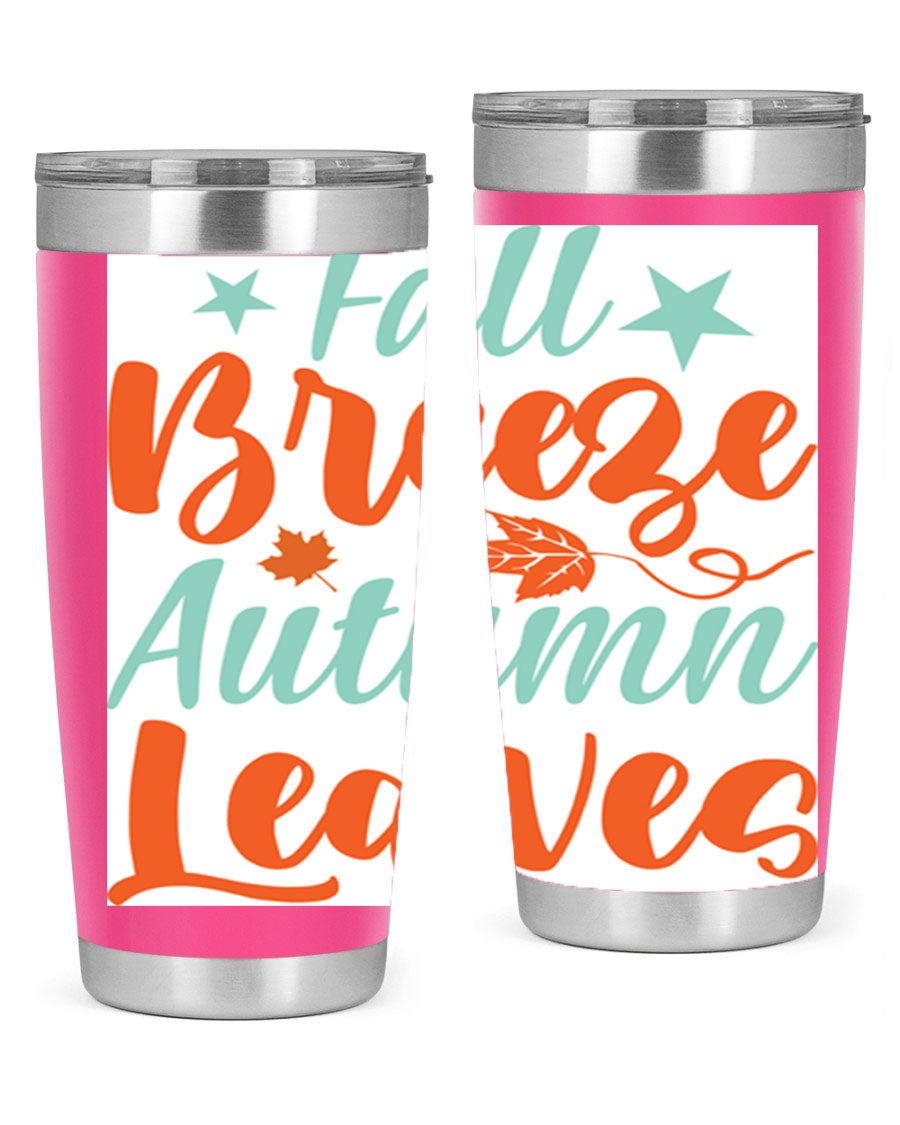 FallBreezeAutumnLeaves 20oz tumbler featuring autumn leaves design, double wall vacuum stainless steel construction, and a drink-thru lid.