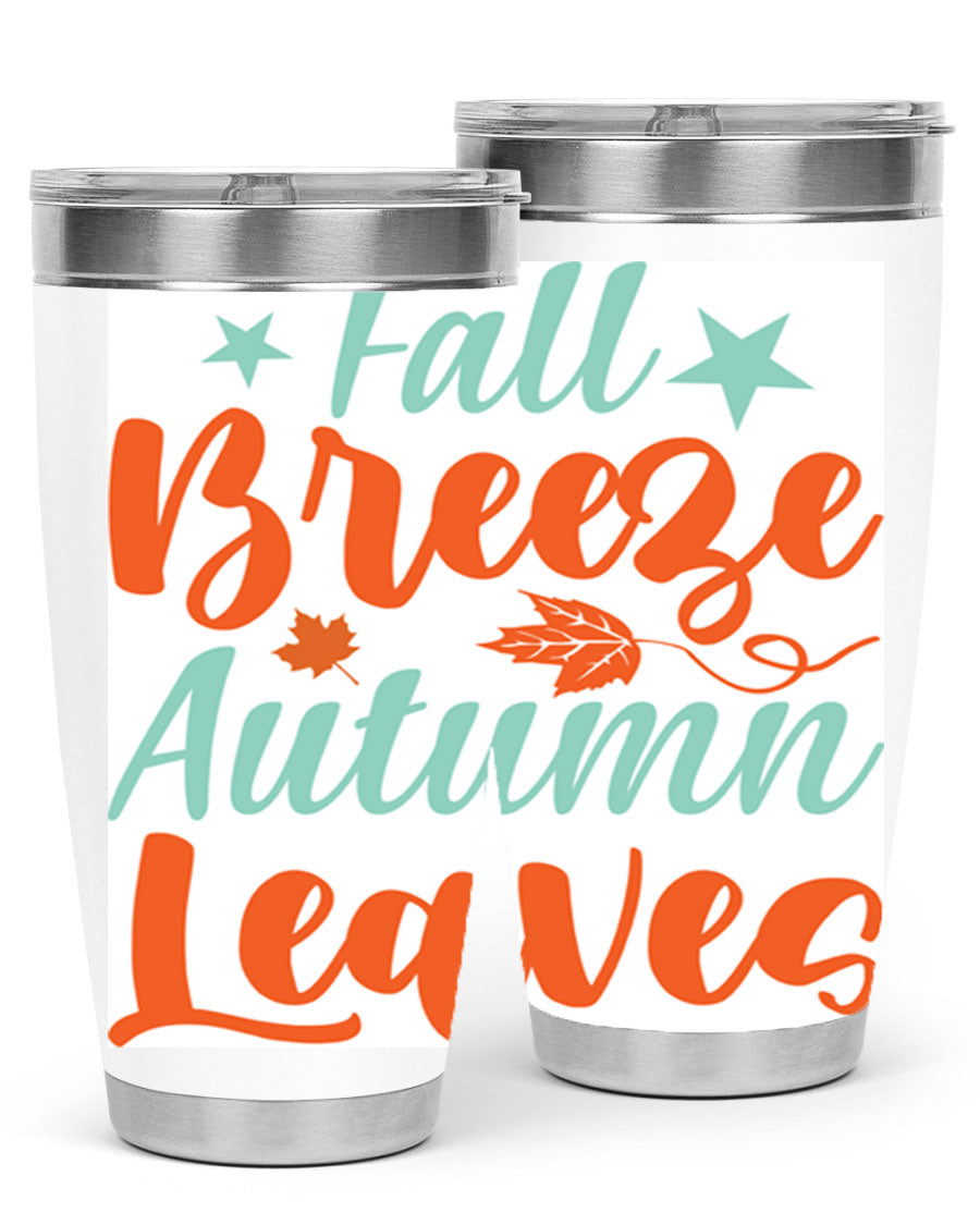 FallBreezeAutumnLeaves 20oz tumbler featuring autumn leaves design, double wall vacuum stainless steel construction, and a drink-thru lid.