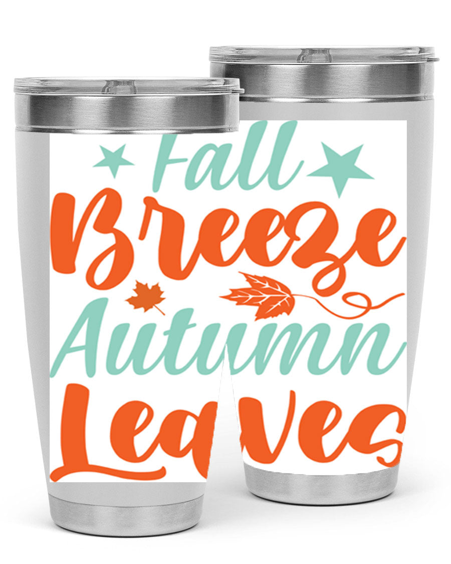 FallBreezeAutumnLeaves 20oz tumbler featuring autumn leaves design, double wall vacuum stainless steel construction, and a drink-thru lid.