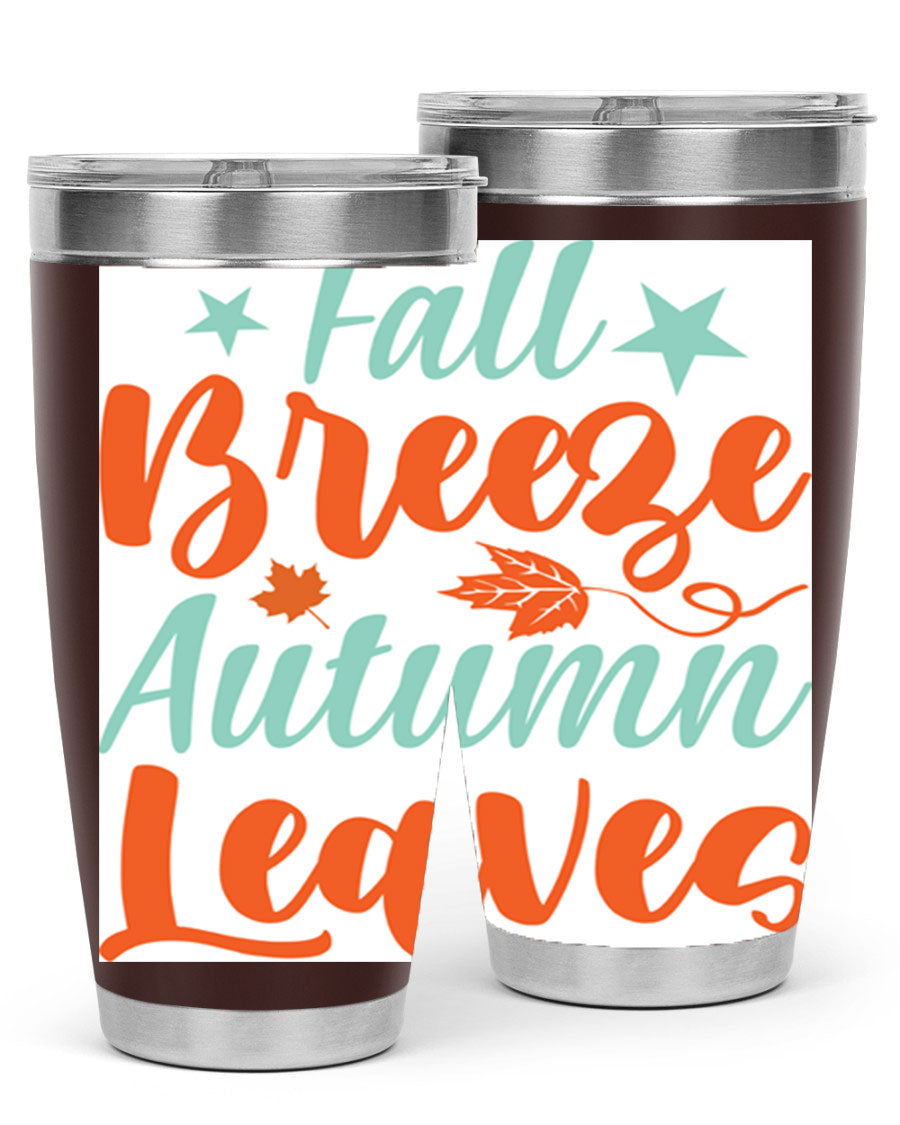 FallBreezeAutumnLeaves 20oz tumbler featuring autumn leaves design, double wall vacuum stainless steel construction, and a drink-thru lid.