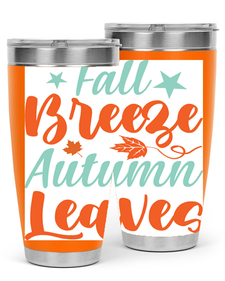 FallBreezeAutumnLeaves 20oz tumbler featuring autumn leaves design, double wall vacuum stainless steel construction, and a drink-thru lid.