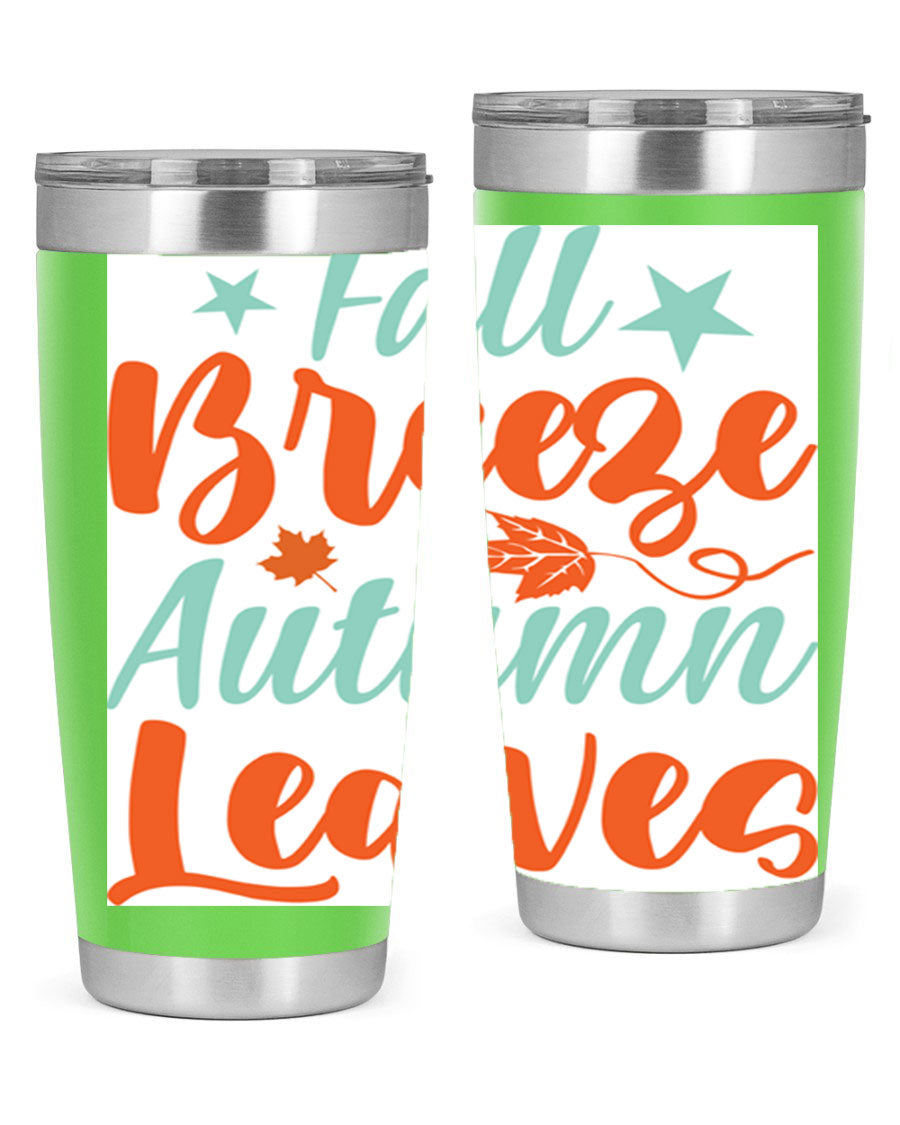 FallBreezeAutumnLeaves 20oz tumbler featuring autumn leaves design, double wall vacuum stainless steel construction, and a drink-thru lid.