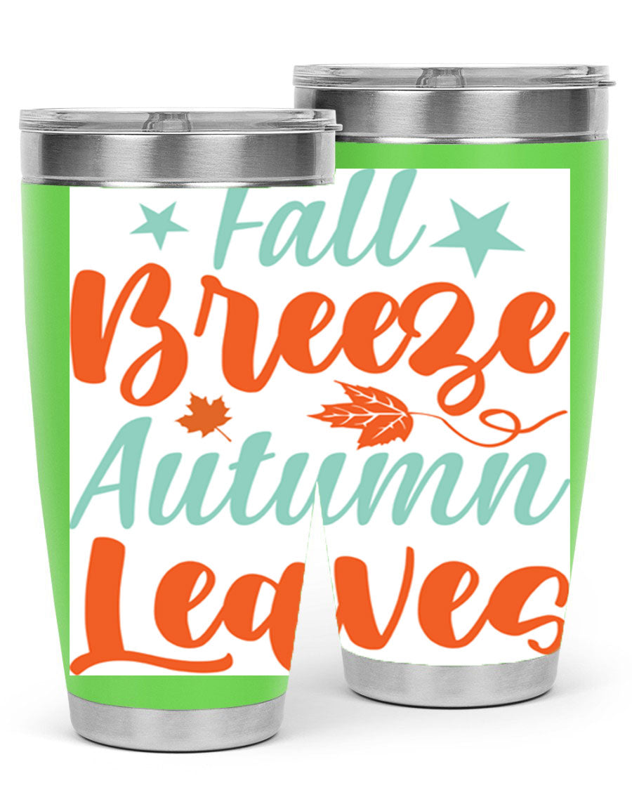 FallBreezeAutumnLeaves 20oz tumbler featuring autumn leaves design, double wall vacuum stainless steel construction, and a drink-thru lid.