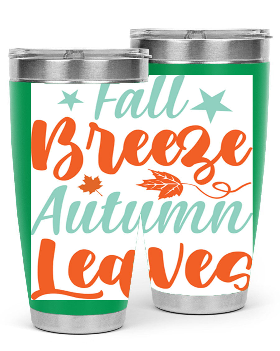FallBreezeAutumnLeaves 20oz tumbler featuring autumn leaves design, double wall vacuum stainless steel construction, and a drink-thru lid.