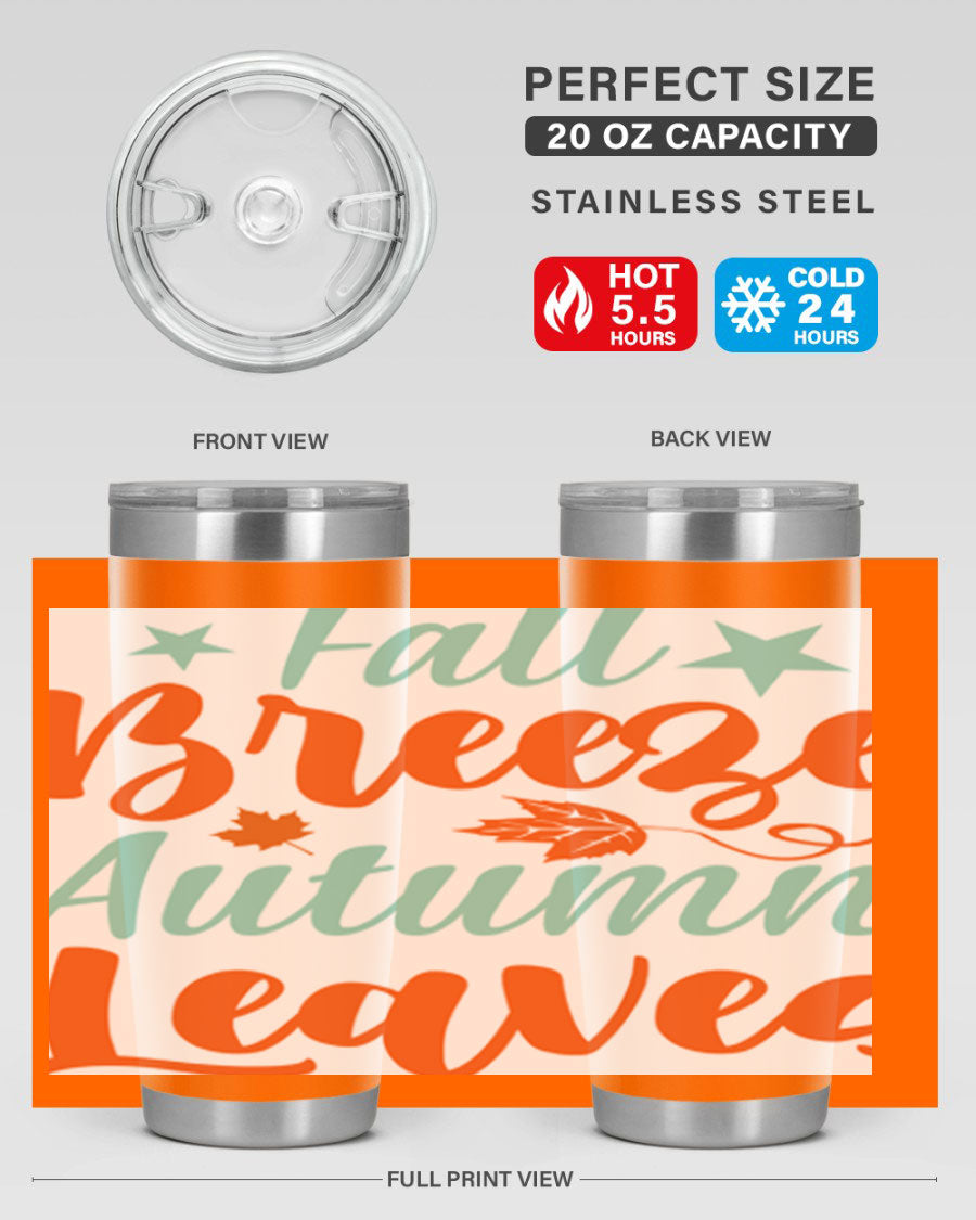 FallBreezeAutumnLeaves 20oz tumbler featuring autumn leaves design, double wall vacuum stainless steel construction, and a drink-thru lid.